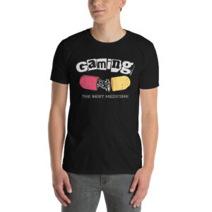 Gaming Medicine T-Shirt, 100% cotton μπλουζάκι με ένα Playstation controller που βγαίνει από μία κάψουλα και την ατάκα 