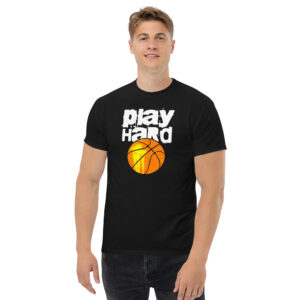 Play Hard Basketball T-Shirt, 100% cotton μπλουζάκι με μπάλα του μπάσκετ και ατάκα για τους λάτρεις του μπάσκετ.