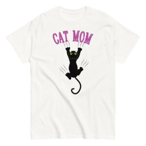Cat Mom T-Shirt, 100% cotton μπλουζάκι με γατάκι που "κρέμεται" με τα νύχια του από το μπλουζάκι.