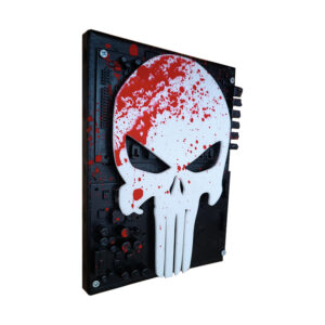 Punisher Dark Art επιτοίχιο διακοσμητικό, με συνδυασμό τεχνικών 3d printing και ζωγραφική με spray και ακρυλικά χρώματα. Μία dark και futuristic απεικόνιση στο λογότυπο του Punisher.