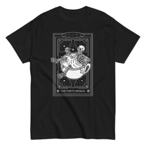 Party Animal Tarot Card T-Shirt, 100% cotton μπλουζάκι με κάρτα ταρώ και έναν σκελετό που πίνει κοκτέιλ.