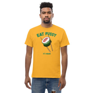 Eat Pussy It's Vegan T-Shirt, 100% cotton μπλουζάκι με σαρκαστική Vegan ατάκα και sushi αιδοίο.