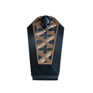 Coffin Box, 3D Printed κουτί αποθήκευσης σε σχήμα φέρετρο με χρυσαφί λεπτομέρειες και νεκροκεφαλή στο καπάκι.