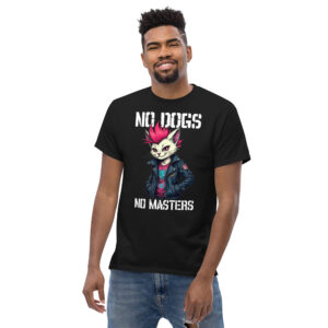 Ξεχώρισε με το No Dogs No Masters T-Shirt! Ένα μοναδικό unisex μπλουζάκι από 100% βαμβάκι, με μια punk γάτα με φούξια μοϊκάνα.