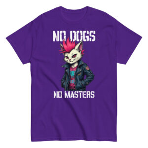Ξεχώρισε με το No Dogs No Masters T-Shirt! Ένα μοναδικό unisex μπλουζάκι από 100% βαμβάκι, με μια punk γάτα με φούξια μοϊκάνα.