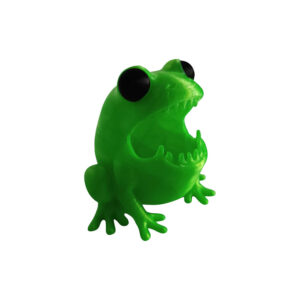 3D printed μολυβοθήκη σε σχήμα βατράχου Monster Frog σε fluo green χρώμα και μαύρα μάτια.